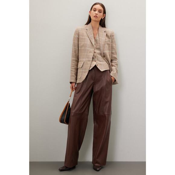 VEDA Brown Leather Trousers Zip Up Fly Button Closure Wide Leg Pants Size 4 - Picture 1 of 16